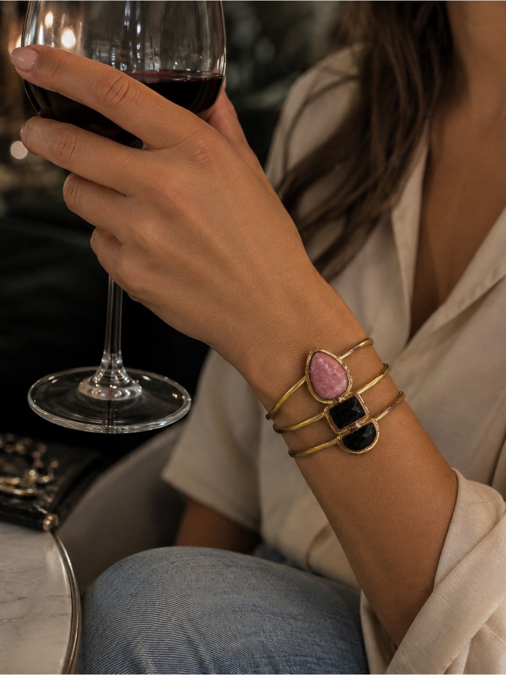 Gold Cuff hammered Bracelet with Pink and Black Stones, made in India